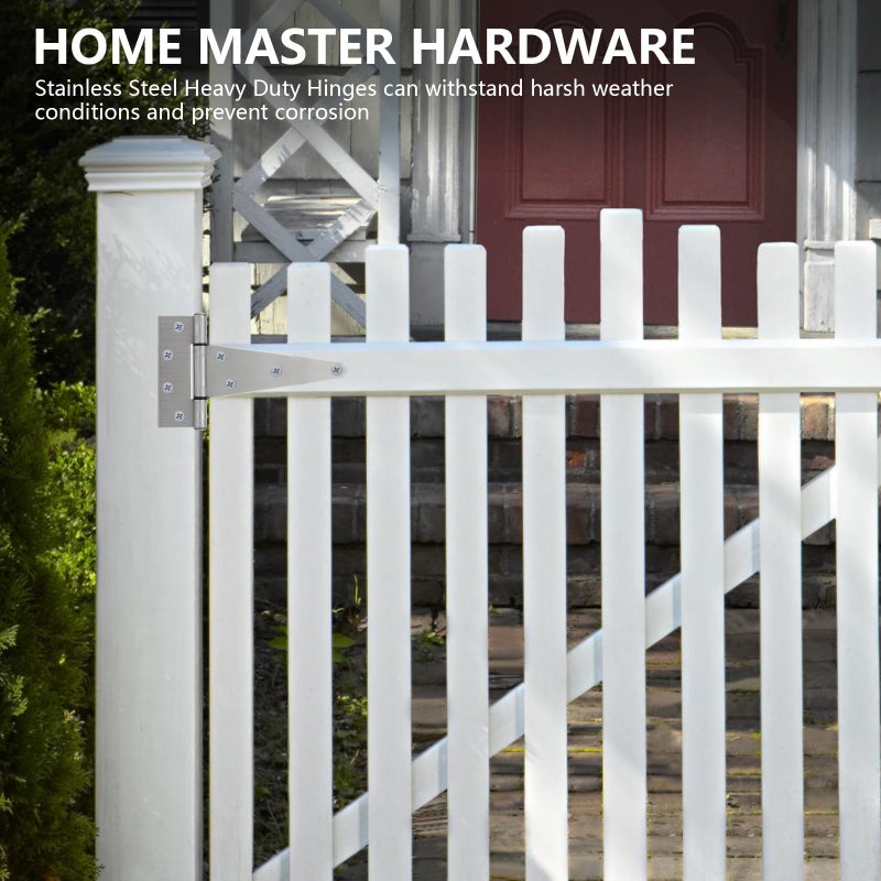 HOME MASTER HARDWARE 6 Inch Stainless Steel Gate Hinges for Wooden Fences Heavy Duty Tee Hinges Shed Door Hinge T-Strap Hinge for Outdoor Barns Gate with Screws 4 Pack - Image 2